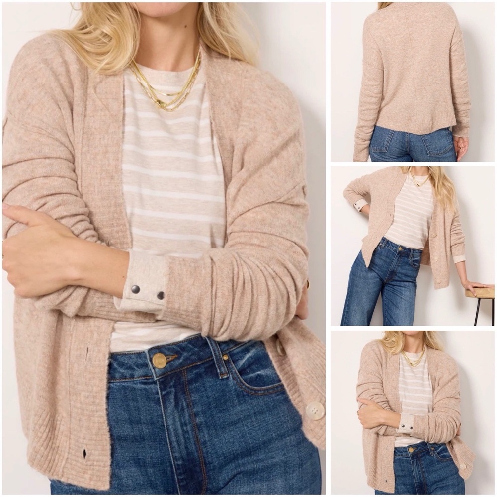 Evereve Anya Cardigan Sweater Size M Oatmeal Tan V-Neck Button Front Knit $108